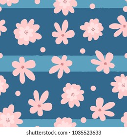 Cute floral seamless pattern. Pink flowers on striped blue background. Drawn by hand. Endless girly vector illustration.