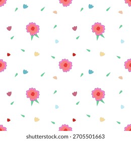 Cute Floral Seamless Pattern – Pink Flowers with Colorful Hearts and Leaves on White Background