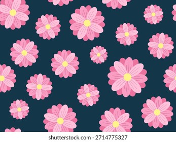Nettes florales, nahtloses Muster mit rosafarbenen Cartoonblumen auf dunklem Hintergrund. Wiederholendes botanisches Design mit flachen Blumen, ideal für Textilien, Modedrucke, Tapeten und fröhliche Blumendesigns.