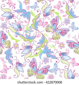 Cute floral seamless pattern with pink and blue butterflies. Decorative ornament backdrop for fabric, textile, wrapping paper. Vector illustration.