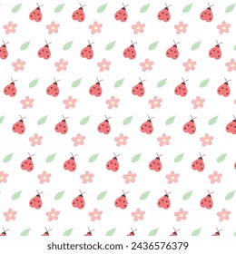 Cute floral seamless pattern print with doodle ladybug, flower and leaf. Vector seamless pattern in flat style on white background. Repeat design for fabric, textile, decor, web, print, wallpaper, tex