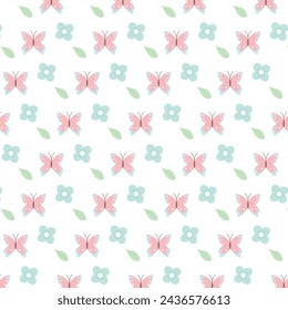 Cute floral seamless pattern print with doodle flowers and butterfly. Vector seamless pattern in flat style on white background. Repeat design for fabric, textile, decor, web, print, wallpaper
