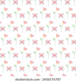 Cute floral seamless pattern print with doodle flowers and butterfly. Vector seamless pattern in flat style on white background. Repeat design for fabric, textile, decor, web, print, wallpaper
