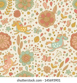 Cute floral seamless pattern with rainbow unicorns. Vintage vector texture with beautiful flowers and butterflies. Child bedroom design. Fairy tale.