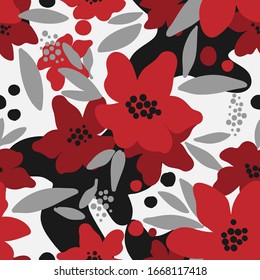 Cute floral seamless pattern of red flower with gray leaves on black and white color background. Vector illustration.

