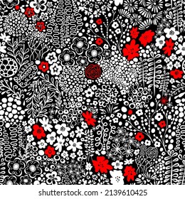 Cute floral seamless pattern of red flower with gray leaves on black and white color background. Simple beautiful flowers. Vector illustration.