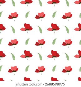 bonito padrão floral sem emenda com flores vermelhas e folhas verdes, desenhado à mão design de primavera mínimo
