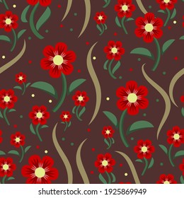 cute floral seamless pattern. red-yellow flowers with green stems and leaves, beige flowing stripes, multi-colored small circles randomly located on a brown background. vector 