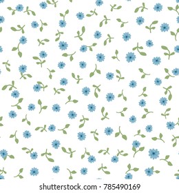 Cute floral seamless pattern. Repeated small blue flowers and green leaves on white background. Vector illustration.