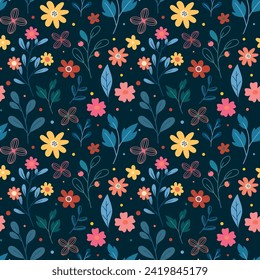 Cute floral seamless pattern. Cute romantic wildflowers pattern on blue background. Spring flowers pattern. Ditsy floral print
