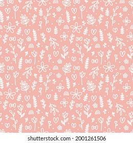 Cute floral seamless pattern. Scandinavian trendy print. Hand drawn botanical elements with vases. Background with flowers. Vector illustration