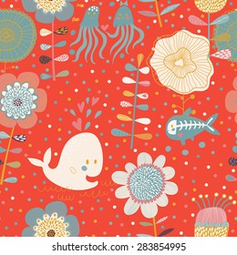 Patrón floral sin soldadura con animales marinos: ballena, medusas y peces de rayos X. Fondo de verano vectorial con flores asombrosas
