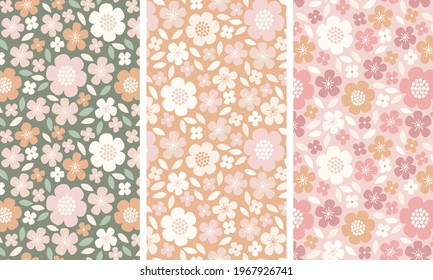 Cute floral seamless pattern set, big and small flowers with soft pastel pink orange green colors