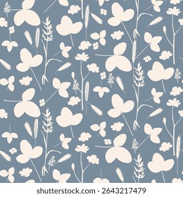 Cute floral seamless pattern with silhouettes of meadow wild herbs flowers. Flower vector illustration background. Print in rustic vintage style, textile or wallpapers.