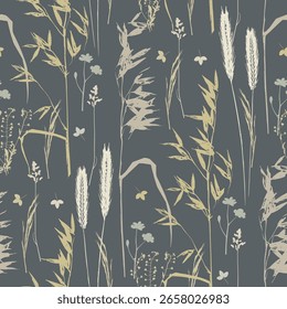 Padrão perfeito floral bonito com silhuetas de prado ervas selvagens flores. Plano de fundo de ilustração de vetor de flor. Imprimir em estilo vintage rústico, têxtil ou papéis de parede.