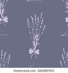 Padrão perfeito floral bonito com silhuetas de flores de ervas lavanda selvagens. Plano de fundo de ilustração de vetor de flores de Lavandula. Imprimir em estilo vintage rústico, têxtil ou papéis de parede.