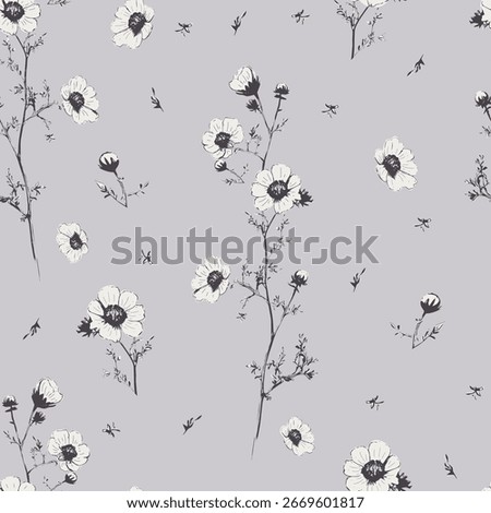 Cute floral seamless pattern with silhouettes of meadow wild herbs flowers. Flower vector illustration background. Print in rustic vintage style, textile or wallpapers.