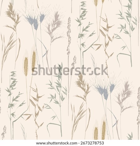 Cute floral seamless pattern with silhouettes of meadow wild herbs flowers. Flower vector illustration background. Print in rustic vintage style, textile or wallpapers.