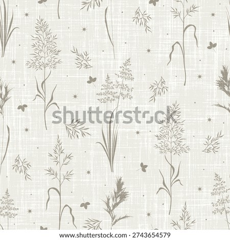 Cute floral seamless pattern with silhouettes of meadow wild herbs flowers. Flower vector illustration background. Print in rustic vintage style, textile or wallpapers.