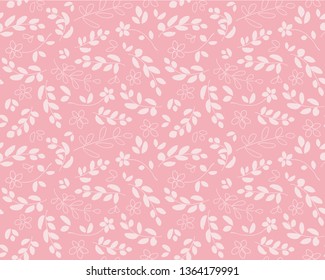 Cute floral seamless pattern with simple leaves and flowers. Light elements on pink background. Elegant vector texture design for fabric ditsy print, gift wrap, wallpaper, invitation, greeting cards