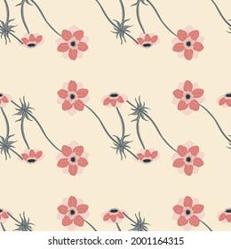 Cute floral seamless pattern with simple anemone flowers print. Pastel light background. Doodle artwork. Stock illustration. Vector design for textile, fabric, giftwrap, wallpapers.