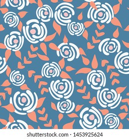 Cute floral seamless pattern in the small flowers.  Vintage blue simple romantic textile. Pretty plants background. Nature graphic illustration in doodle style.