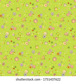 Cute floral seamless pattern with small hand drawn decorative flowers on green background. Vector simple texture design for wrapping paper, fabric ditsy print, wallpaper, greeting cards.