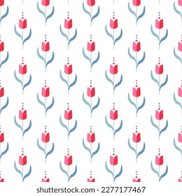 Cute floral seamless pattern. Small red tulip and blue leaves motifs vector print design on white background
