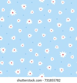 Cute floral seamless pattern. Small white flowers on blue background  with round dots. Vector illustration for design of cards, covers, clothing, bedding.