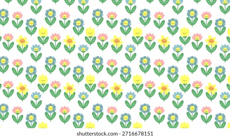 Lindo patrón floral sin fisuras sonrientes flores coloridas niños naturaleza fondo