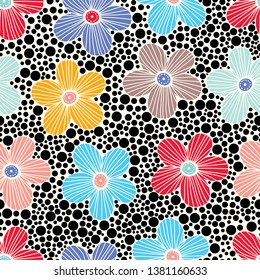 Cute floral seamless pattern with spring flower and polka dot. Vintage flowers illustration. Template for fashion prints.