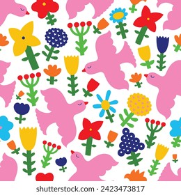 Cute floral seamless pattern with spring flower and birds. Vintage flowers illustration. Template for fashion prints.
