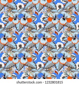 Cute floral seamless pattern. Textile print for bed linen, jacket, package design, fabric and fashion concepts. Gray, blue and orange hibiscus pattern. Exotic vector seamless pattern floral design.