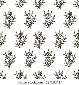Cute floral seamless pattern with thin line black doodle branches and leaves on white background. Vector illustration.