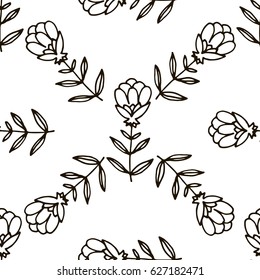 Cute floral seamless pattern with thin line black doodle branches and leaves on white background. Vector illustration.