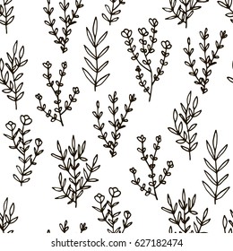 Cute floral seamless pattern with thin line black doodle branches and leaves on white background. Vector illustration.