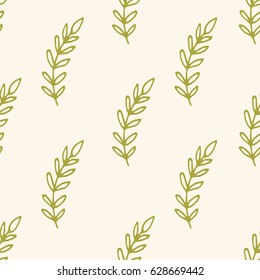 Cute floral seamless pattern with thin line green doodle branches and leaves on beige background. Vector illustration.