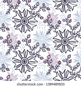 Cute floral seamless pattern. Vector background with flowers and leaves.