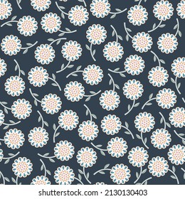 Cute floral seamless pattern. Vector  flowers and leaves on black  background.