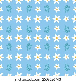 Cute floral seamless pattern vector background. Vintage floral seamless pattern with small flowers and leaves. Simple floral pattern with blue background.
