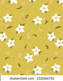 Cute floral seamless pattern with white flowers in vintage and retro style. Surface design of hand draw modern flowers 
