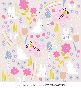 Cute floral seamless pattern with white bunnies. Spring child print. Vector hand drawn illustration.