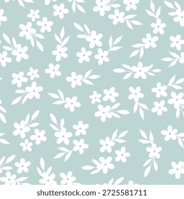 Lindo patrón floral sin fisuras con flores blancas y hojas sobre fondo azul pastel para papeles digitales, embalaje, ropa para niños, impresiones textiles, Fondos de pantalla, papel de embalaje, etc. EPS 10