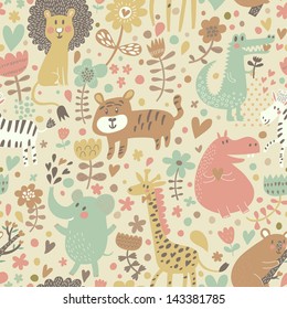 Cute floral seamless pattern with wild animals from Africa. Koala, lion, crocodile, hippo, giraffe, tiger, zebra. Vector retro background.