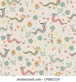 Cute floral seamless pattern with worms and butterfly. Vector retro background.
