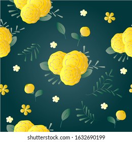 Cute floral seamless pattern with yellow flowers on a dark green background with gradient fill.Flowers and buds of roses.For fabrics-wrapping paper.Rich summer background.Vector illustration