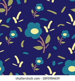 süßes, florales nahtloses Muster. gelbe Azurblumen mit braunen Stielen und grünen Blättern, fließende Streifen, zufällig auf blauem Hintergrund angeordnet. Vektorgrafik
