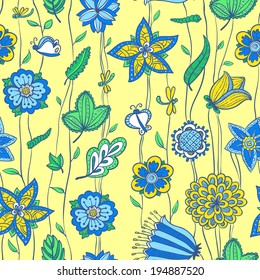 Cute floral seamless pattern in yellow and blue