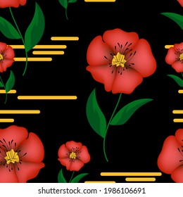 cute floral seamless pattern. yellow stripes and red poppies with green stems and leaves are randomly arranged on a black background. vector