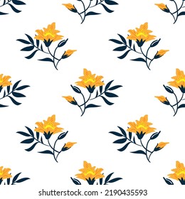 Cute floral seamless pattern of yellows flowers with leaves on white color background. Vector illustration.